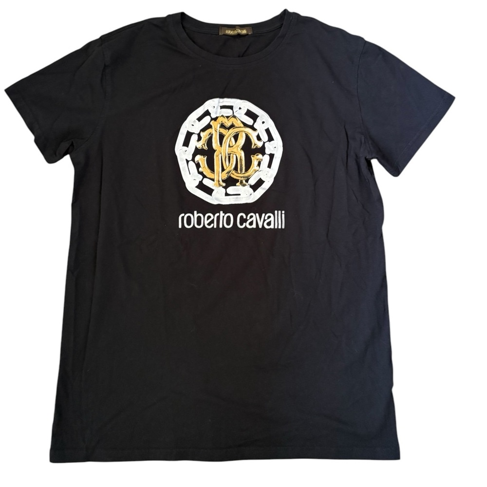 ROBERTO CAVALLI Cotton Gold Silver RC Logo T-shirt Black Sz XXL